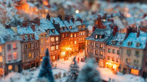 Fototapeta Naklejka Na Ścianę i Meble -  Small town scene with buildings and trees during evening time