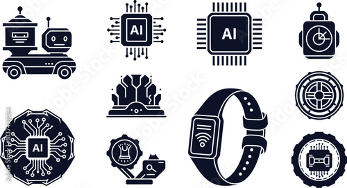 Artificial intelligence and robotics icons collection drone computer chip