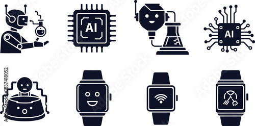 Collection of dark blue A I and robot icons on white background artificial intelligence robotics