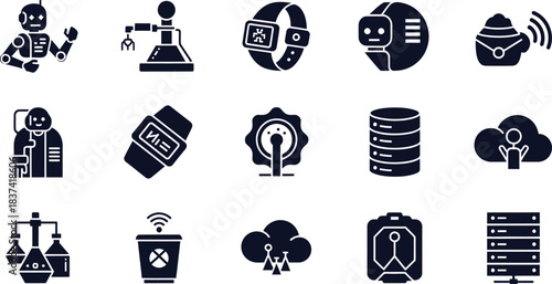Diverse Collection of Technology and Automation Icons for Digital Concepts Keywords: technology, automation, robot, robotic arm