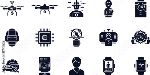 Diverse Technology and AI Icons in Silhouette Style Keywords: drone, robot, AI, CPU, processor, chip, server, smartwatch