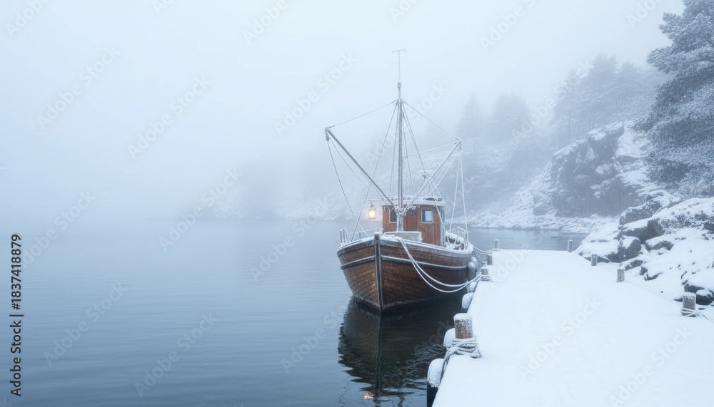 Fototapeta premium Vintage wooden fishing trawler covered in frost is moored at a snowy pier, its warm lantern glowing in the cold, foggy winter air