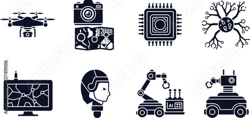 Icons of Drones, Cameras, AI, and Robotics quadcopter navigation