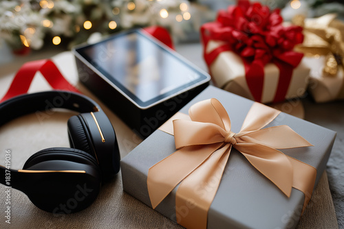 Holiday tech shopping flat lay with electronics (headphones, smartphone box, tablet), gift ribbons, modern minimal style, negative space for promotional banners