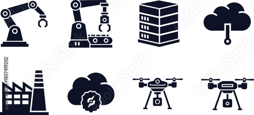 Industrial and Technology Icons Featuring Robots, Servers, and Drones Keywords: technology, automation, robot arm, industrial robot