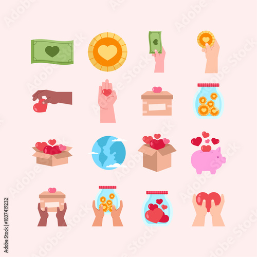 Donation Fundraiser Flat Illustration Icon Set