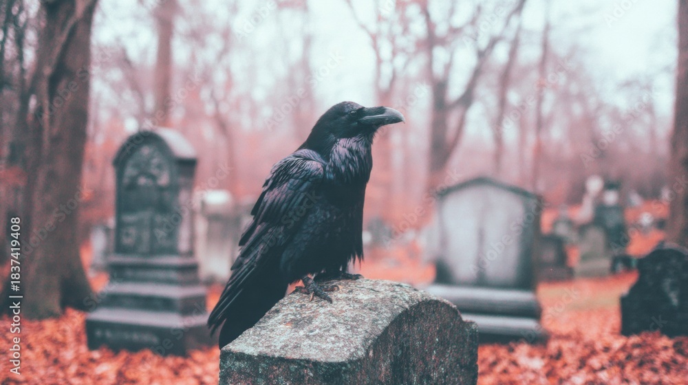 Fototapeta premium Raven stands on tombstone surrounded by trees in an autumn cemetery scene