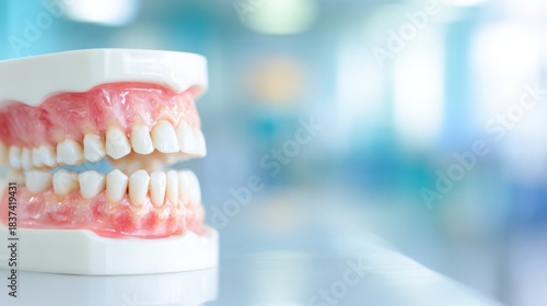 Model of human teeth on display in a dental office during daytime