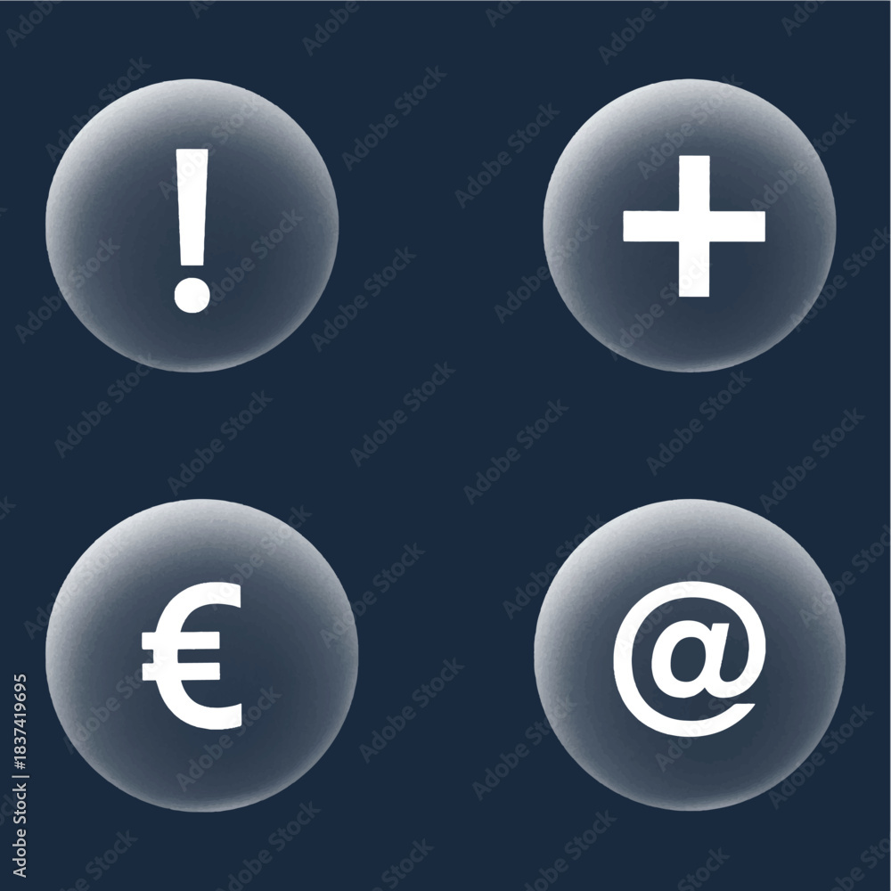Obraz premium Gradient Symbol Buttons – Exclamation, Plus, Euro, At Icons in Circular Format, 3D Glossy UI Elements on Dark Background, Minimal Vector Design for App Interface, Web, Finance, or Communication Use