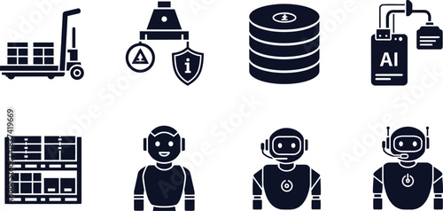 Set of dark blue icons depicting logistics robots and data storage artificial intelligence