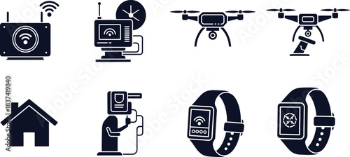 Smart home and drone technology icons set router quadcopter