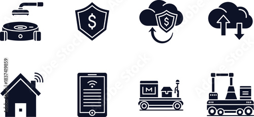 Smart home, finance, and cloud technology icons robot vacuum shield