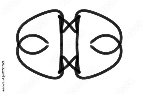 Minimalist abstract black line art depicting dual forms or a stylized symmetrical mask concept