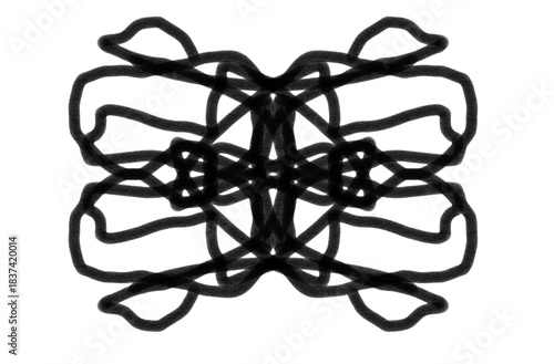 Abstract black symmetrical ink blot pattern suggests psychological testing or mysterious, complex design