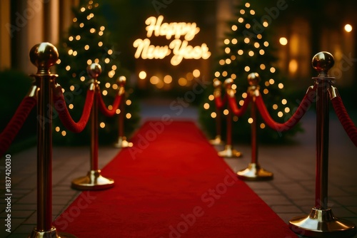 A red carpet with a sign that says Happy New Year