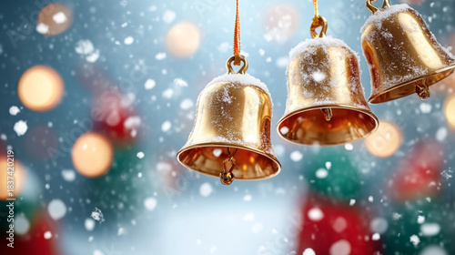 Festive holiday scene with shiny golden bells and snowflakes