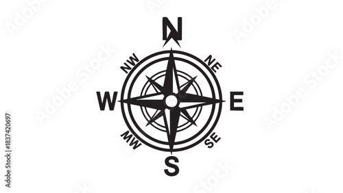 Black and white wind rose compass illustration with cardinal and intercardinal directional points on a white background
