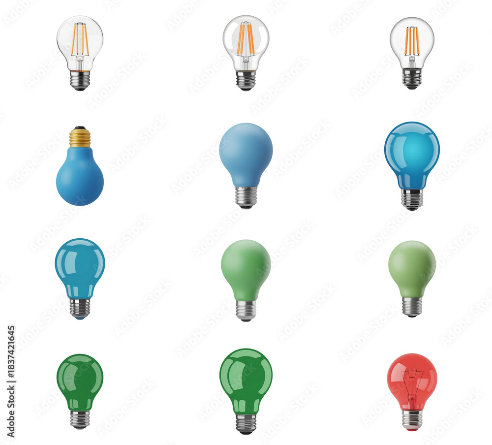 Naklejka premium png set of icons depicting various colorful light bulbs, showcasing innovation and bright ideas.