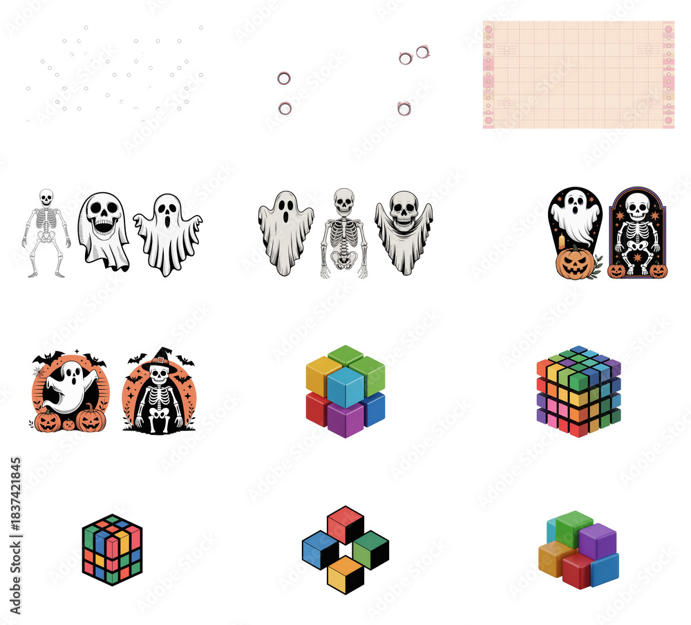 Fototapeta premium png set of icons in theme of halloween ghosts, skeletons, and puzzles, depicting spooky and playful concepts.