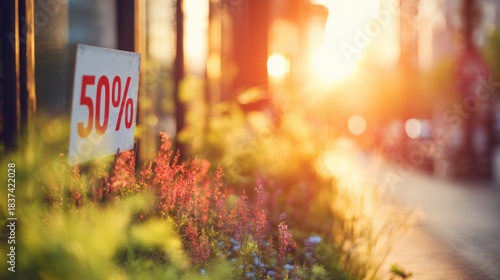 Fototapeta Naklejka Na Ścianę i Meble -  Sunset sale with flowers and warm light on city street