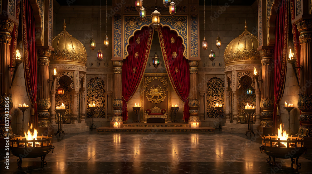 Fototapeta premium Luxurious Golden Royal Throne Room Interior for stage background theater