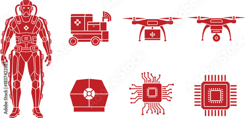 Red Icons Featuring Futuristic Robot, Drone, and Computer Components exoskeleton robot quadcopter