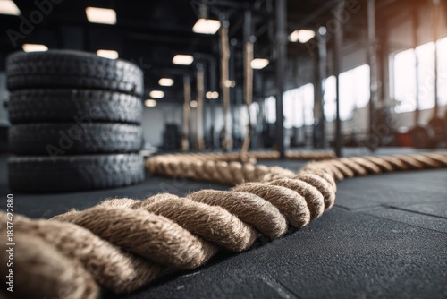 Gym Equipment Placed on the Floor With Tires and a Climbing Rope in a Fitness Center During the Day