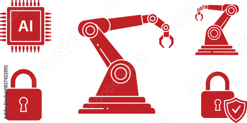 Red A I chip robotic arm padlock shield icons on white background artificial intelligence microchip