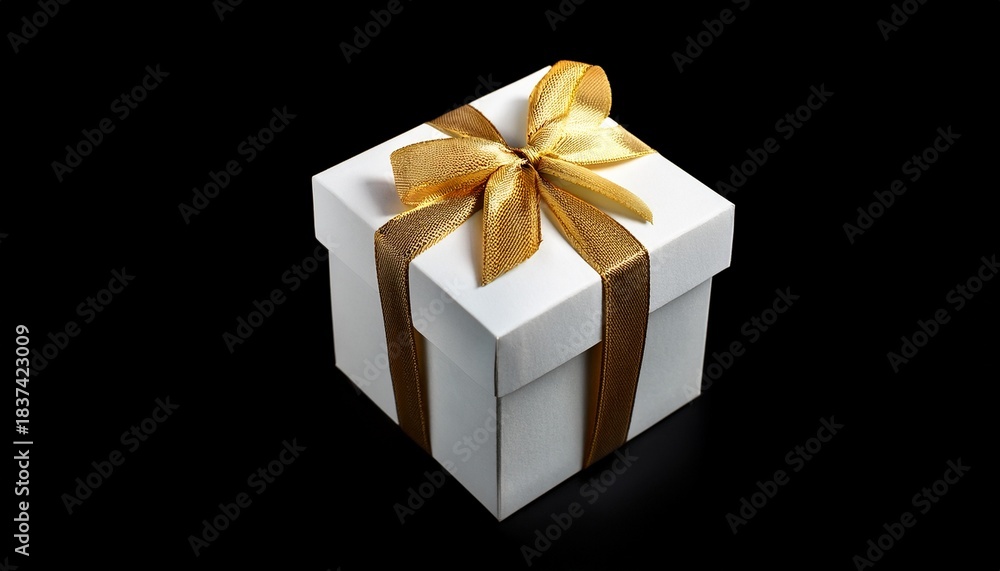 Obraz premium Square White Gift Box With Gold Ribbon On Top Isolated On Black Background