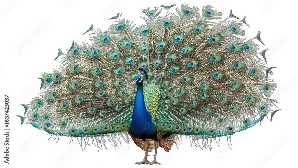 Fototapeta premium Peacock Displaying Feathers, Isolated on White