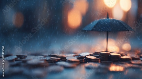 Fototapeta Naklejka Na Ścianę i Meble -  Coins gather water under a small umbrella on a rainy city street at night