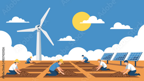 Sunny renewable energy field with solar panels, wind turbine, and workers in a bright outdoor setting.