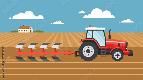 Red Tractor Tilling a Golden Field Under a Bright Sky on a Farm Landscape.