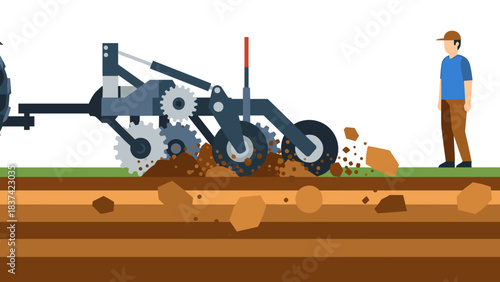 Person observing heavy digging machinery operating in an open field with exposed soil and equipment.