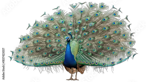 Peacock Displaying Feathers, Isolated on White