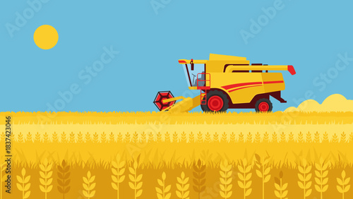 Yellow combine harvester operating in a golden wheat field under a bright blue sky.
