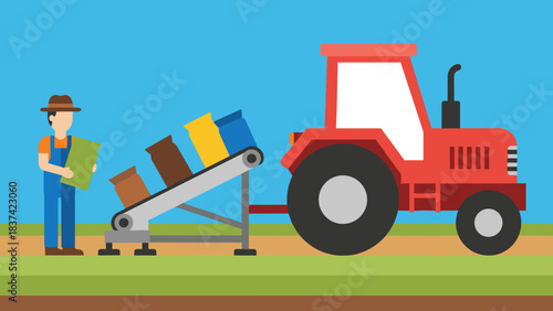 Cartoon illustration of a farm worker and a red tractor with a conveyor loading crates in a rural industrial scene.