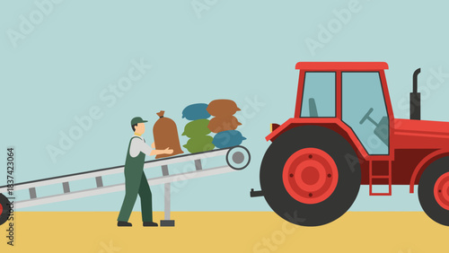 Farmers guiding a loading operation with a bright red tractor in a rural agricultural scene with hay bales.