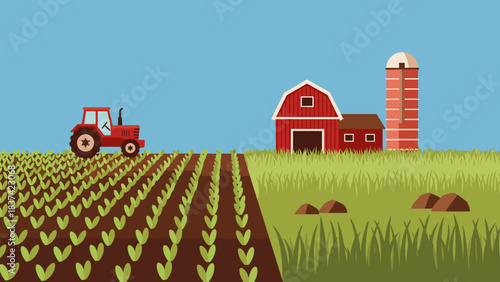 Tractor and Farm Scene with Red Barn, Silo, and Expansive Cropland Under a Bright Blue Sky.