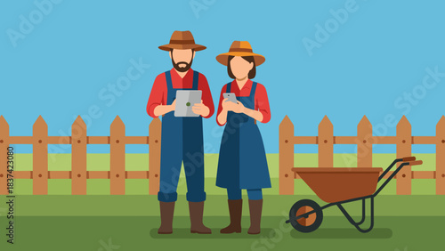 Pair of Farmers Standing in Sunny Farmyard with Wheelbarrow and Fence in Rural Landscape.