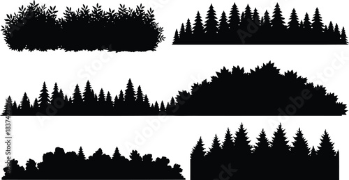 Forest tree line silhouette border vector set .