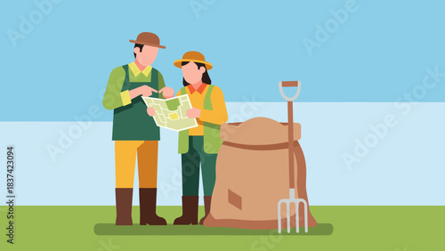 Two Farmers Assessing a Planting Plan in a Bright Outdoor Field.