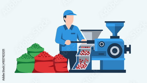 An illustration of a worker operating an industrial processing machine with sacks of red and green beans.