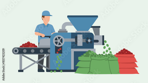 An industrial worker operates machinery to process red coffee cherries into green coffee beans, collecting them in sacks.