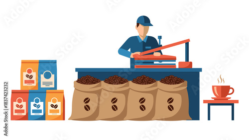 Industrial worker overseeing packaged sacks on a factory production line in a warehouse setting.