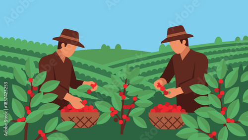Two Farmers Harvesting Fresh Strawberries in a Lush Green Field under a Bright Sky.