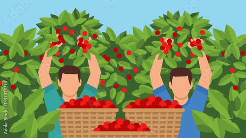 Two workers harvest ripe tomatoes from lush vines in baskets under bright outdoor sun.
