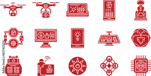 Red Icons of Technology and Automation on White Background Keywords: drone, quadcopter, camera, gimbal, tablet, screen, data