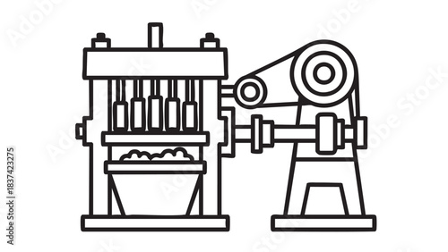 Industrial Press Machine Illustration: A detailed line drawing of an industrial press machine. It shows the robust structure, gears, and components essential for its function.