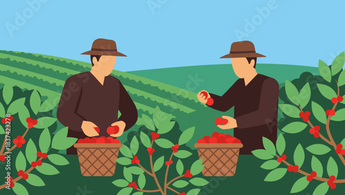 Two Farm Workers Picking Red Berries in a Sunlit Orchard.